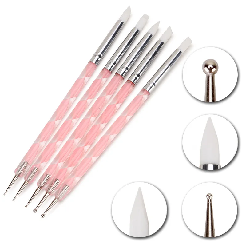 

5 Pcs Dual Headed Nail Art Salon Tools Acrylic Silicone Point Flower Pen Stainless Steel Nail Art Dotting Tools For Beauty Nail