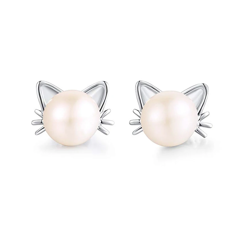 

China manufacturer fashion cute cat beautiful peal with different plated high quality 925 sterling silver stud earrings
