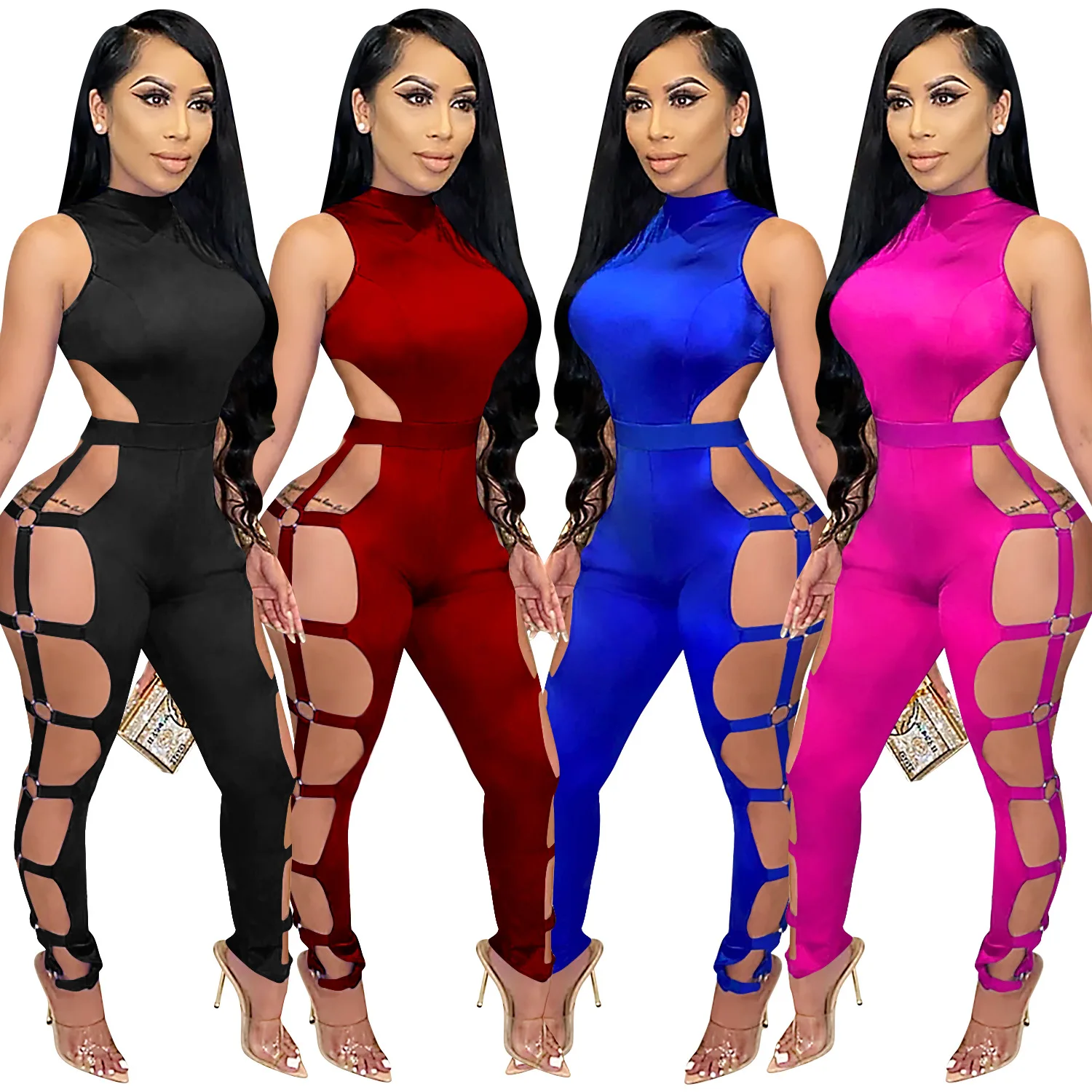 

Hollow Out Caged Jumpsuit Womens Rompers Fashion Sleeveless Cut Out Bodycon Rompers Sexy Outfits Club Overalls, Shown