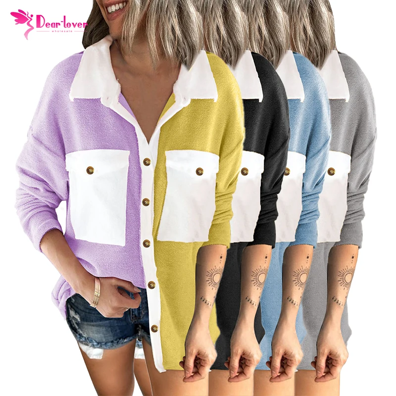 

2021 New Arrivals Top Ladies Long Sleeve Colorblock Fleece Pockets Buttoned Shirt