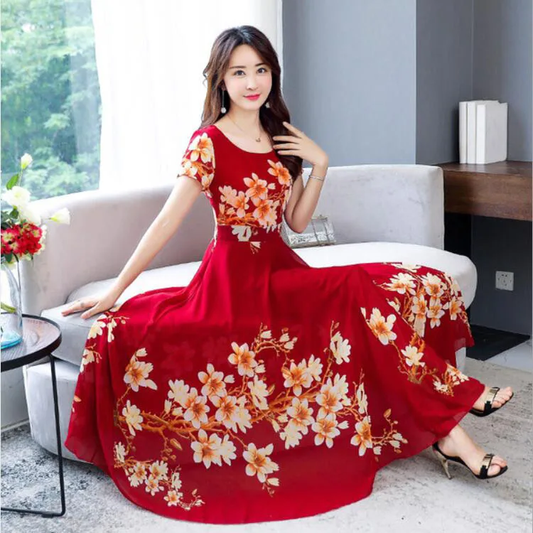 

Wholesale spring/summer temperament long sleeve chiffon dress in long floral dress O collar beach casual dress