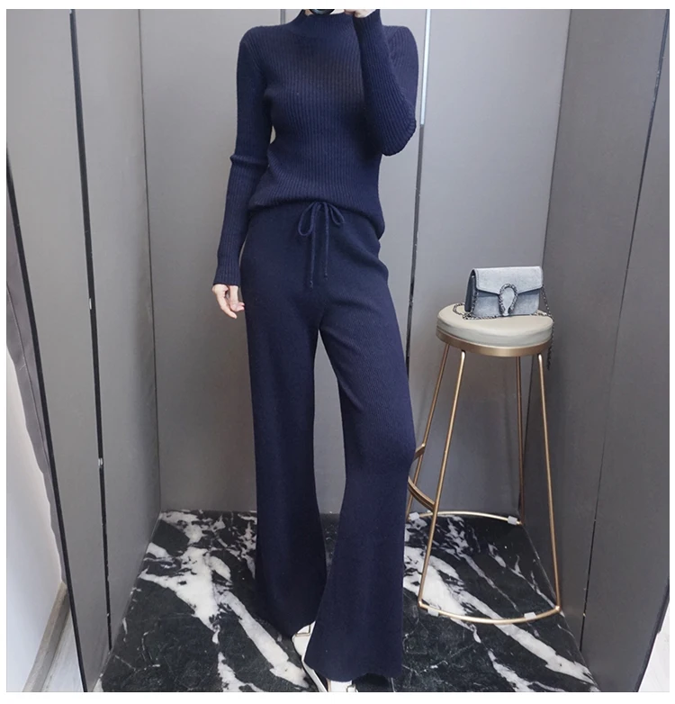 

Cashmere wool set turtleneck sweater cashmere suit wide-leg trousers wool suit two-piece suit, Customized color