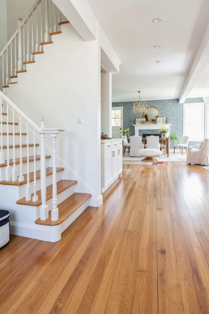 Mixed tone hardwood floors in a modern living room