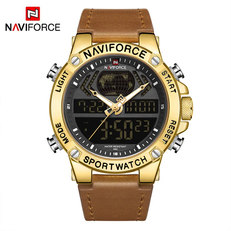 

Naviforce 9164 Luxury Gold Mens Watch Sport LED Digital Quartz Watches Military Leather Waterproof Clock Men Relogio Masculino