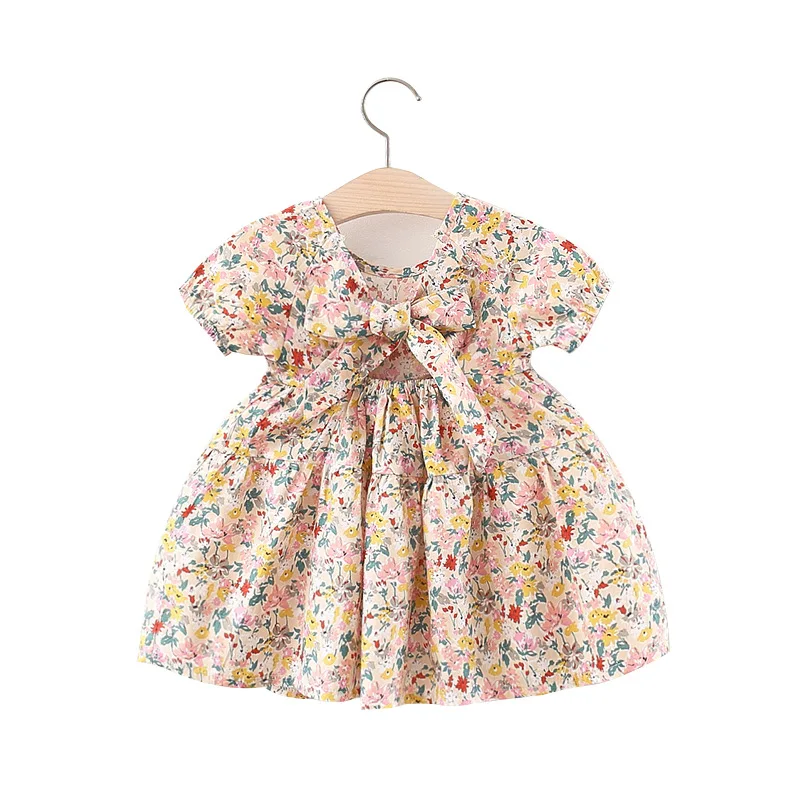 

Baby Girls Summer Print Floral Short Sleeve Dress Back Strap Bow Princess Dresses