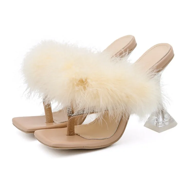 

Factory Sale Sexy Ladies Slippers Soild Color Plush Square Toe Wine Glass Heel Women Flip-Flop Slippers