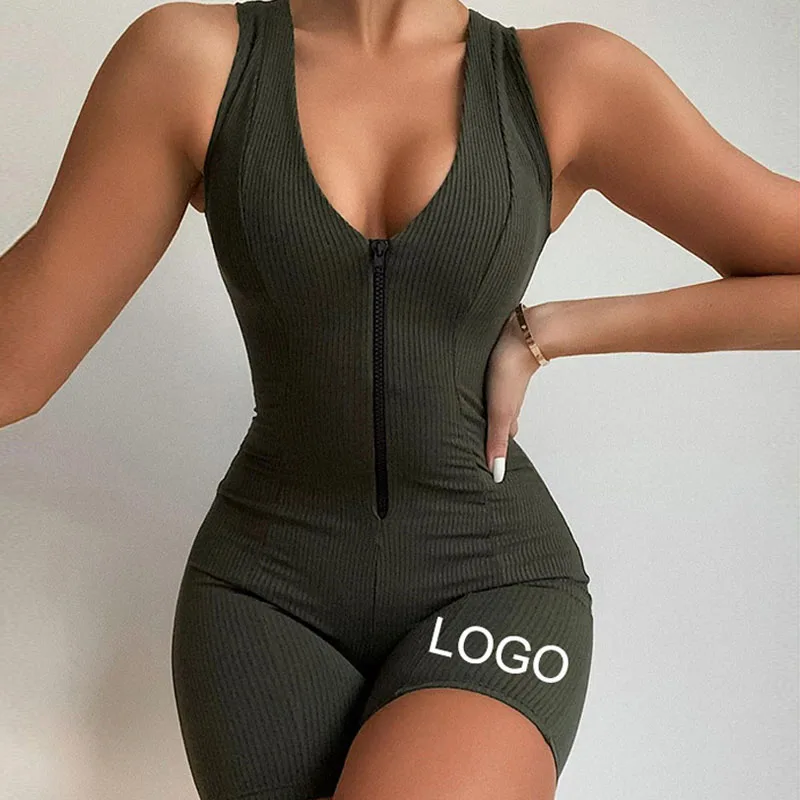 

LXX57custom logo solid jump suits ladies classy jumpsuit for women zipper one piece bodysuit knitted jumpsuit workout clothing