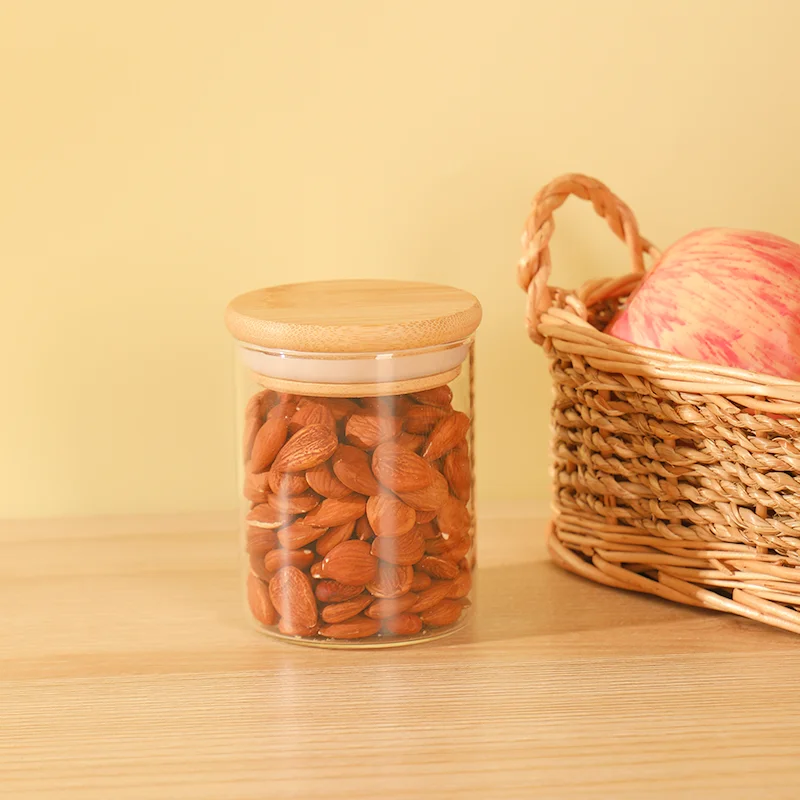 

Eco-friendly 220ml empty kitchen canning container flint glass airtight storage jar with bamboo lid, Clear