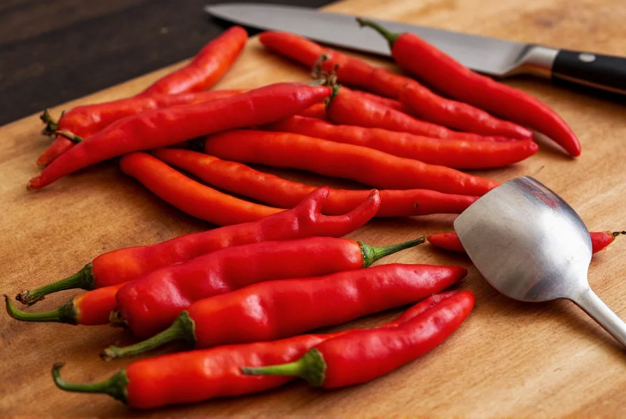 Close-up photography of various red chili pepper varieties arranged on wooden cutting board with cooking utensils