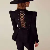 

2019 England ladies fashion casual black suit back tape lace up hollow out rivets irregular cutting jacket Autumn Blazer Coat