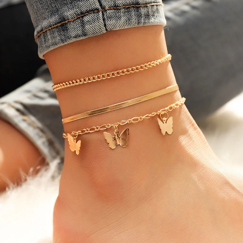 

3pcs European and American Hot Selling Multi-layer Chain Butterfly Pendant Anklet Set, Picture