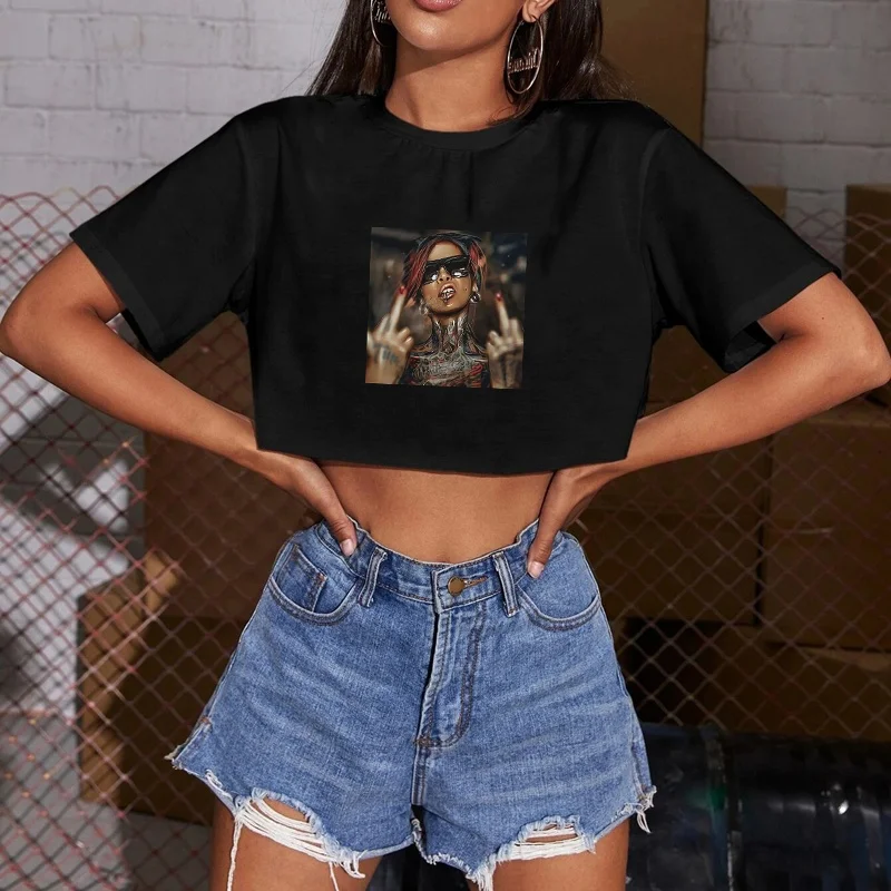 

Wholesale Sexy Crop Top Cool Black Girl Printing Custom Printing T-shirt Women Short Graphic Tees Cropped Tshirt, Black white
