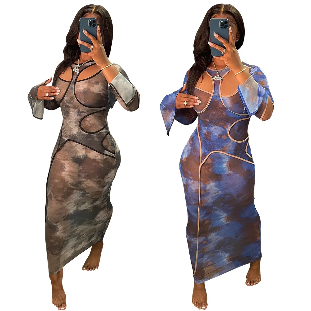 

2021 New Ready to ship trendy fashion women fall clothing see through long maxi sexy mesh dress, 2 colors