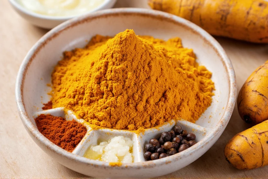 Turmeric powder in a bowl with fresh turmeric root, black pepper, and coconut oil showing optimal absorption combination