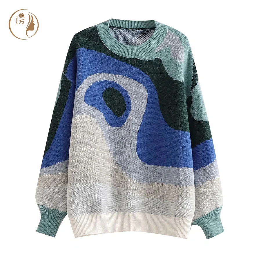 

2021 Vintage Tie Dye Jumper Outfit Winter Knitted Sweater Tops Women Loose Pullover Sweaters, Red,blue