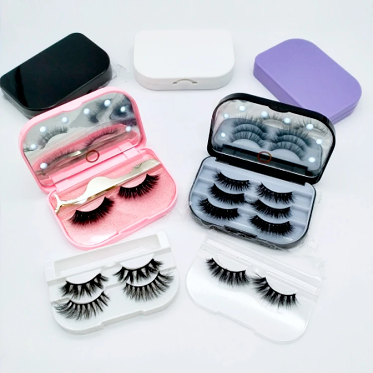 

Custom Empty Lashcase Fashion Multiple Eyelash Box Led Light Mirror Eye Lash Cases Set Luxury Lamp Lashbox Packaging With Tray, Pink white pink black purple