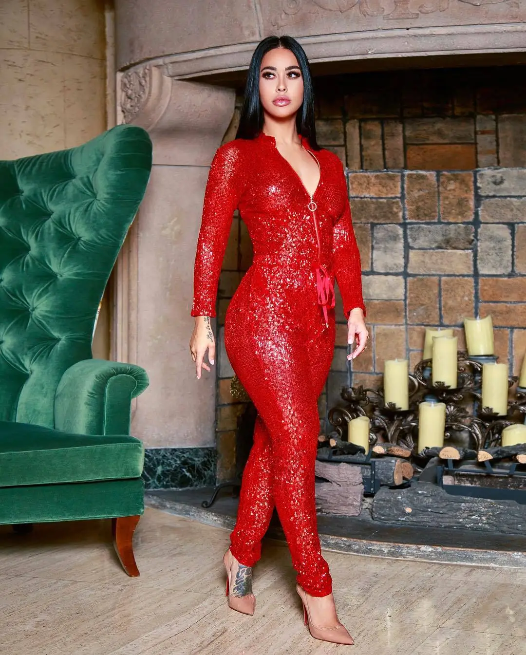 

2021 Fashion Sexy Nightclub Wear Loose Edition Sequined Long Sleeve Jumpsuit