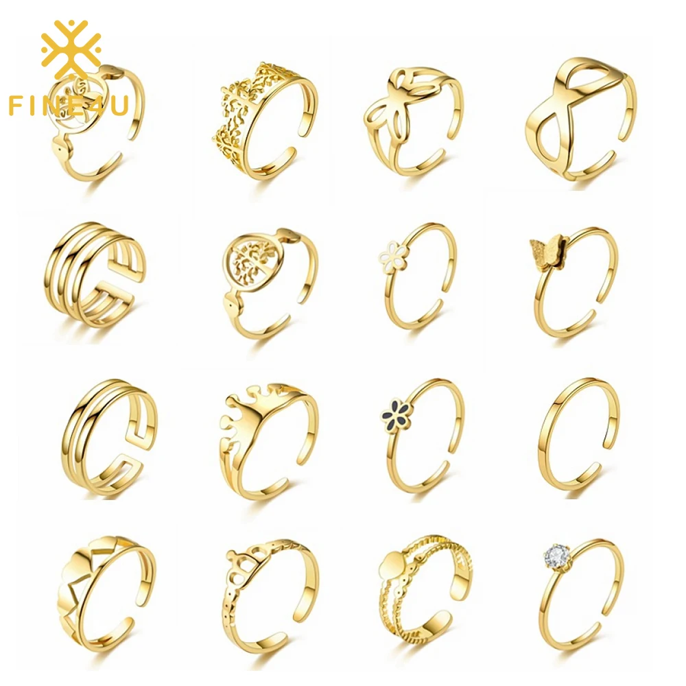 

Women Jewelry Adjustable Open 18K Gold Plated Zircon Butterfly Stainless Steel Fashion Finger Ring Set