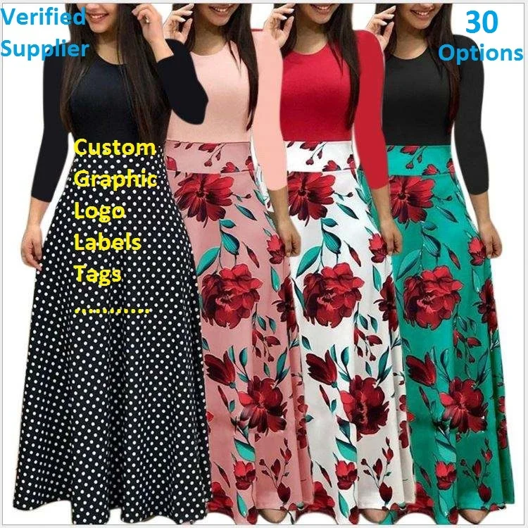 Custom Fashion Long Sleeve Floral Print Long Maxi Dress Lady Casual Plus Size Ecoparti Spring Autumn Women Dress Female Vestido