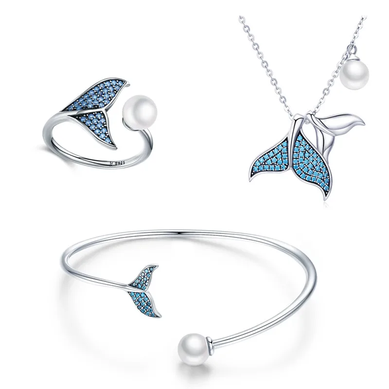 

925 Sterling Silver Jewelry Girls Elegant Pearl Blue Mermaid Tail Necklace Ring Bracelet