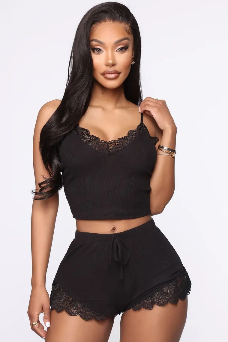 
Women Pajamas Sleepwear Black Lingerie Sleepwear V-neck Lace Bow Spaghetti Strap Cami Top Shorts Set Pajamas Sets Nightwear 
