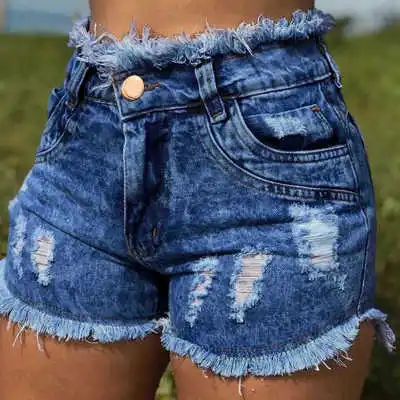 

Womens Hot Denim Shorts Jeans Raw Edges Holes With Short Pants High Waist Blue Jean 2021