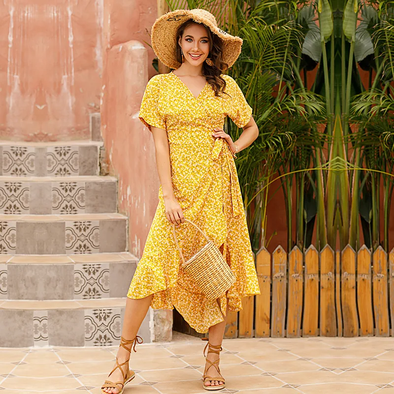 

Fashion Ladies'clothes Yellow Chiffon Ruffle Print Ladies Maxi Long Dress woman's casual dresses