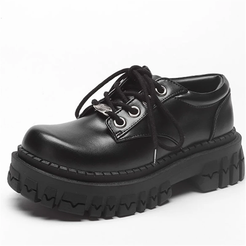 

Dropshipping Custom Logo Women Black Leather Shoes Chunky Sole Fashion Street Style Footwear Casual Lightweight Comfort Shoe