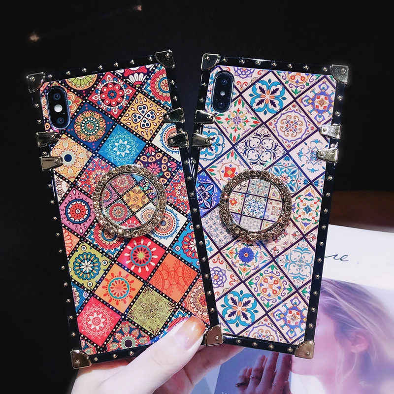 

2021 Square Blu-ray Bohemian Ethnic Style Frame Case for iPhone 12 11 Pro Max XR X XS XS Max 8 7 6s Plus SE Soft Silicon case