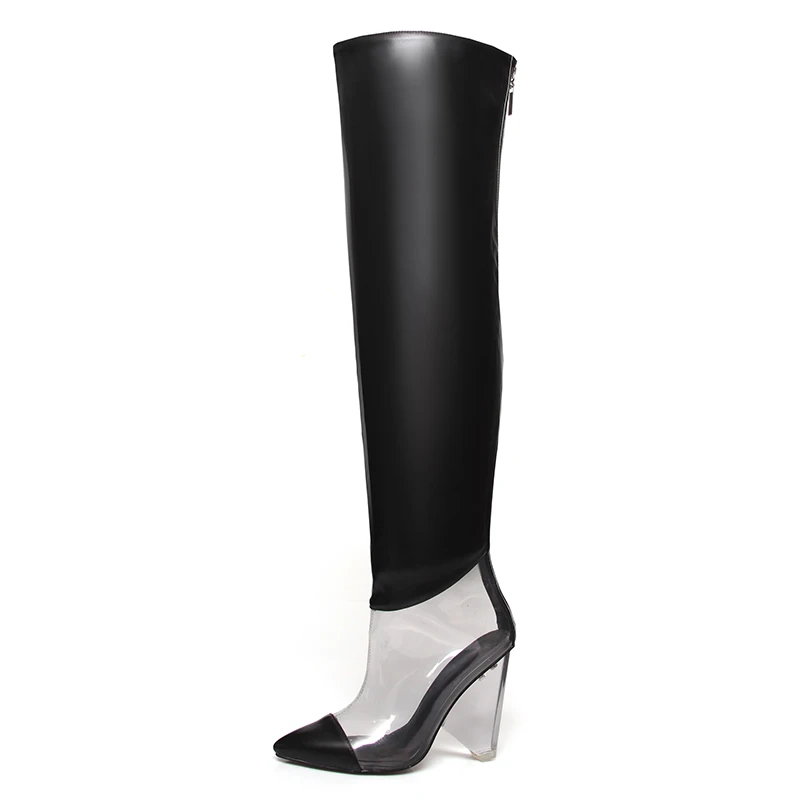 
WETKISS Fashion Cone Heels Shoes Sexy Transparent Boots Over Knee Clear Heel Boots Women Shoes Silver Thigh High Boots 