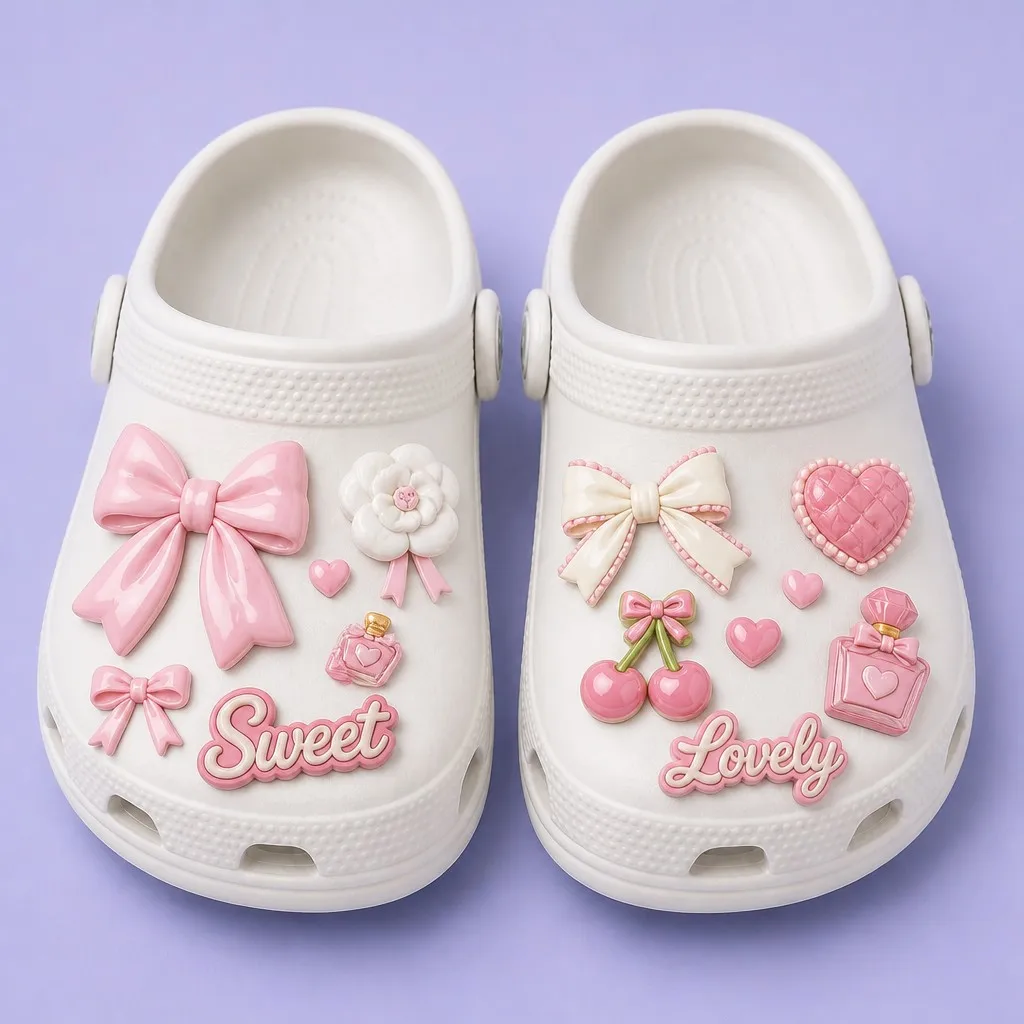Blush bow, pearl flower, heart and word badge clog charms on a matched pair of white clogs