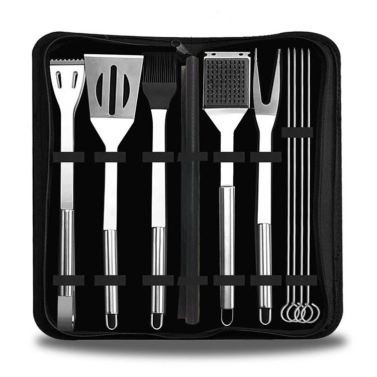 

High Quality Outdoor Garden Picnic Camping Stainless Steel 10pcs Bbq Tool Set with Nylon Carry Bag, Silver