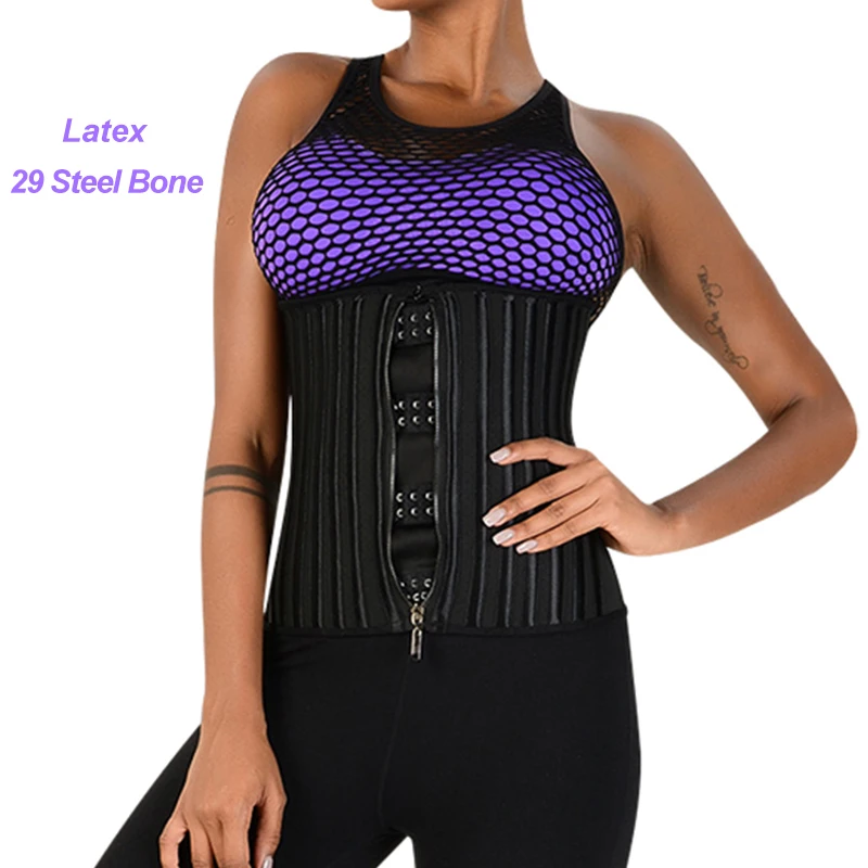 

Long Girdle Women Waist Support Hook And Zip Fajas Gaine Amincissante Shaper 29 Steel Bones Latex Waist Trainer Corset, Black,skin