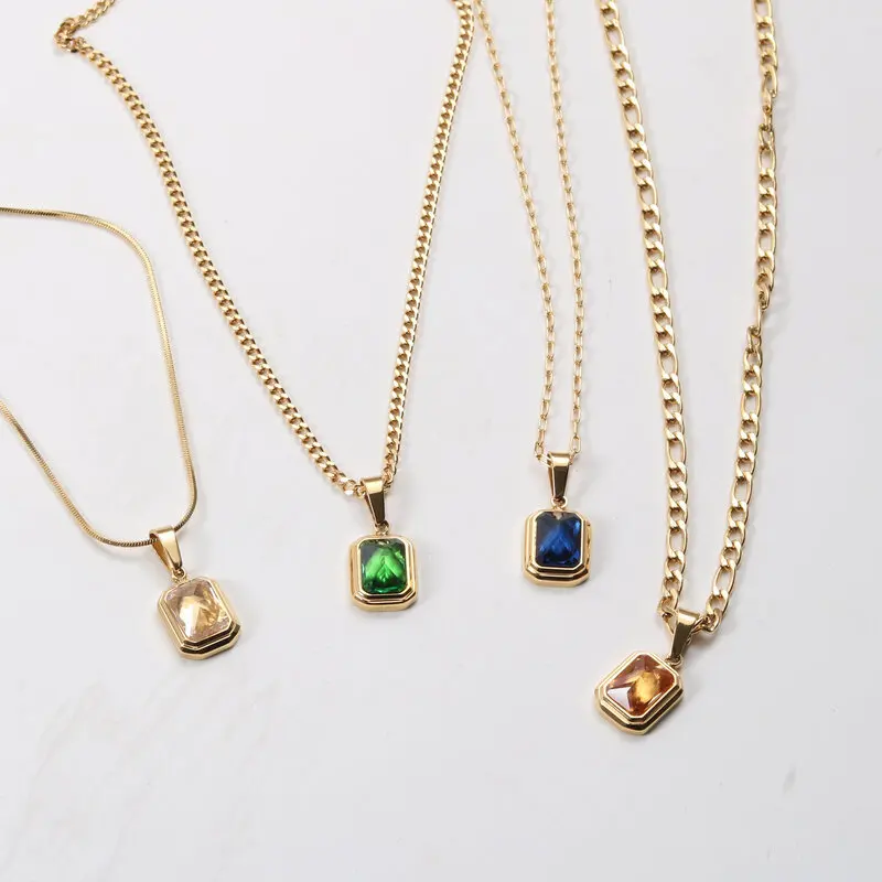 

Stainless Steel 18K Gold Plated Gemstone Crystal Pendant Necklace