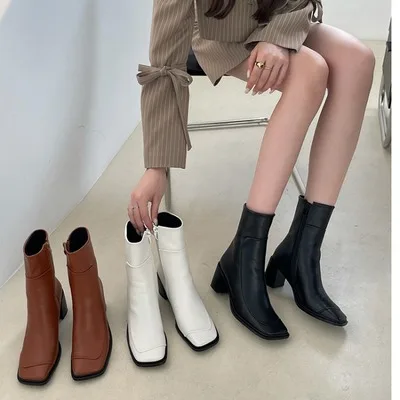 

Autumn new fashion casual women's leather shoes and boots thick heel square head cowhide medium leg ankle boots, Black/brown/khaki/white