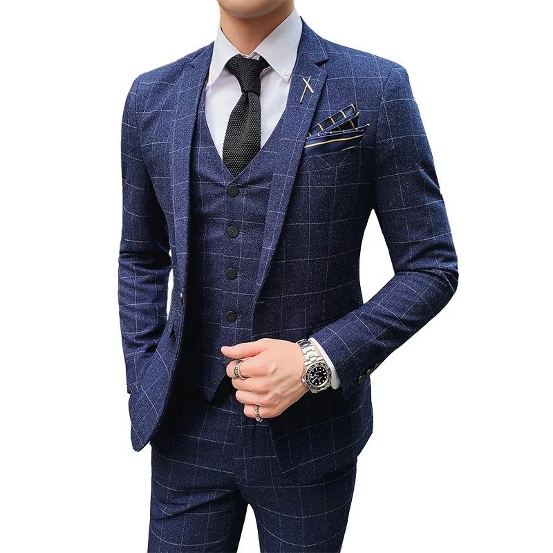 High Quality Fashion Trend Men Wedding  3 Pieces Pants Suits  Slim Fit Lattice Royal Blue Suit For Men