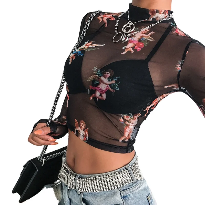 

QY Half-high neck mesh see-through navel street top women's long-sleeved cupid printed compassionate women's autumn explosion