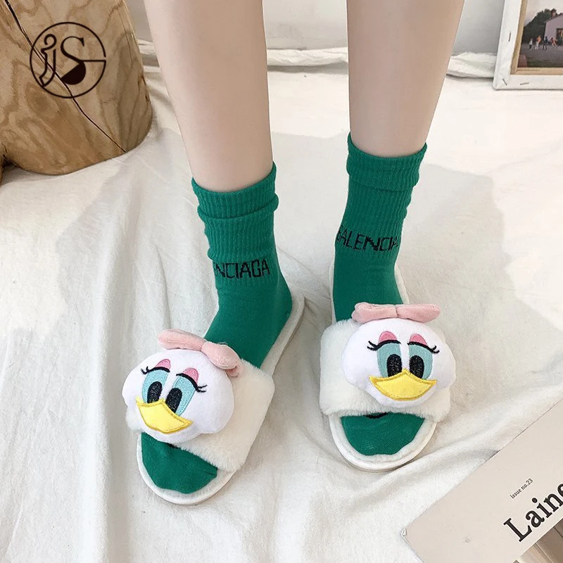 

Fashion 2021 Popular lovely large-billed duck slippers net red hair women flip-flops Autumn and winter home wear cotton slippers, Picture