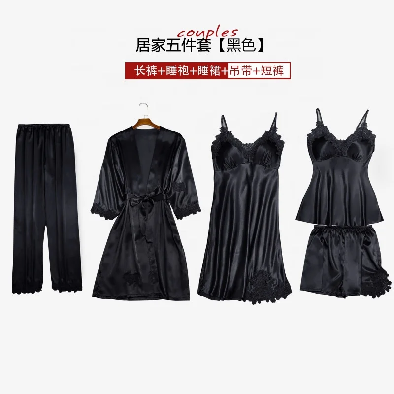 

Spring Summer Homewear Elegant Women Sleepwear 5 pc Satin Ice Silk Robe Set plus Size Night Dress Pajamas Set with Chest Pads