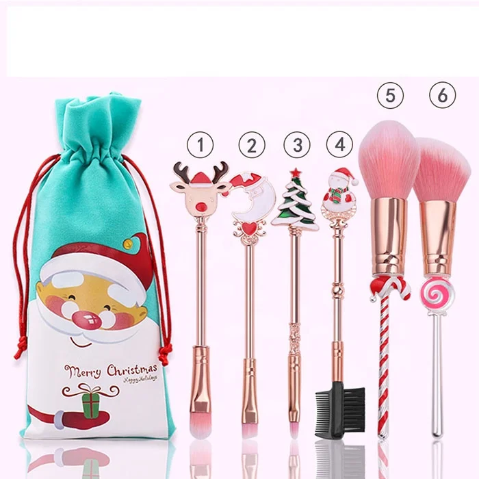 

RTS Christmas 6pcs Makeup Brushes Reindeer Snowman Powder Cosmetic Brush Kit, Rose gold