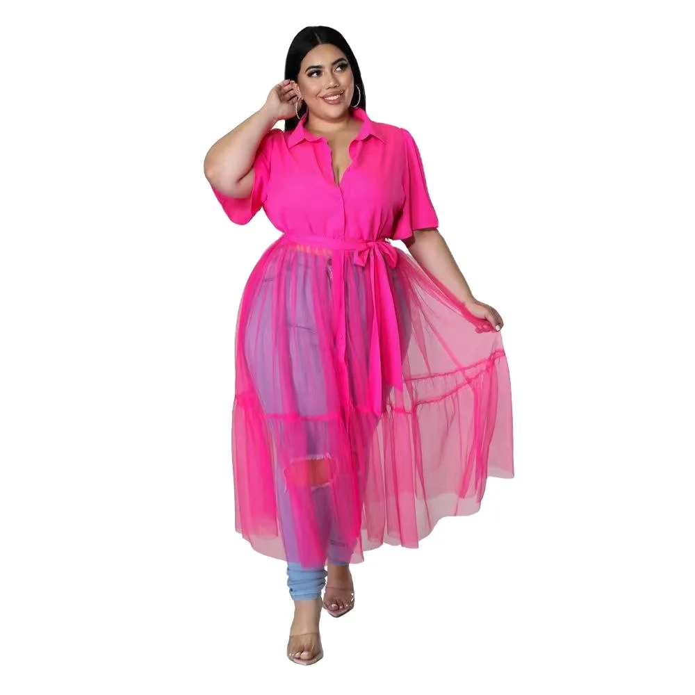 

2022 Plus Size Women Summer Short Sleeve Long Shirt Mesh Patchwork Dress Retro Sexy Club Long Dress Solid Tulle Dress