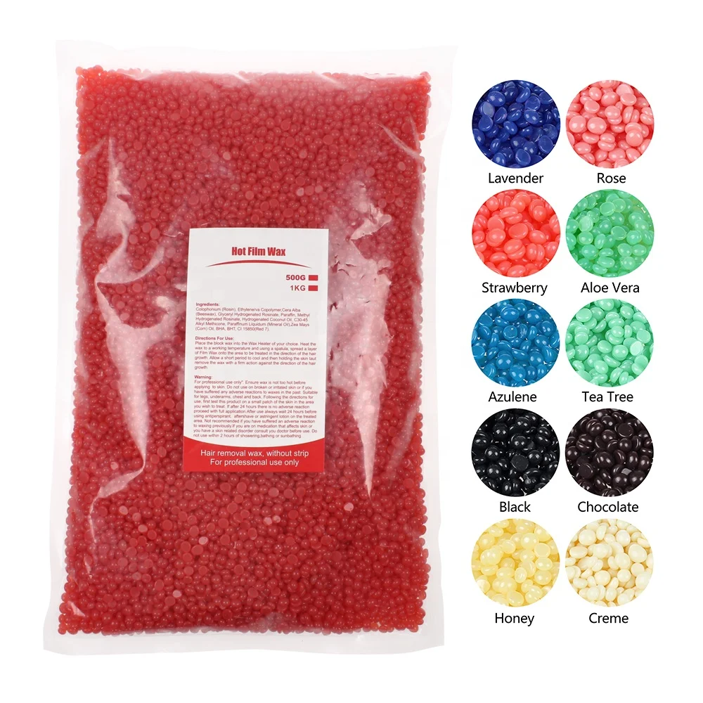 

Factory Wholesale High Quality 1kg Strawberry Hot Wax Beans Depilatory hard wax beans for body hair removal, 10colors