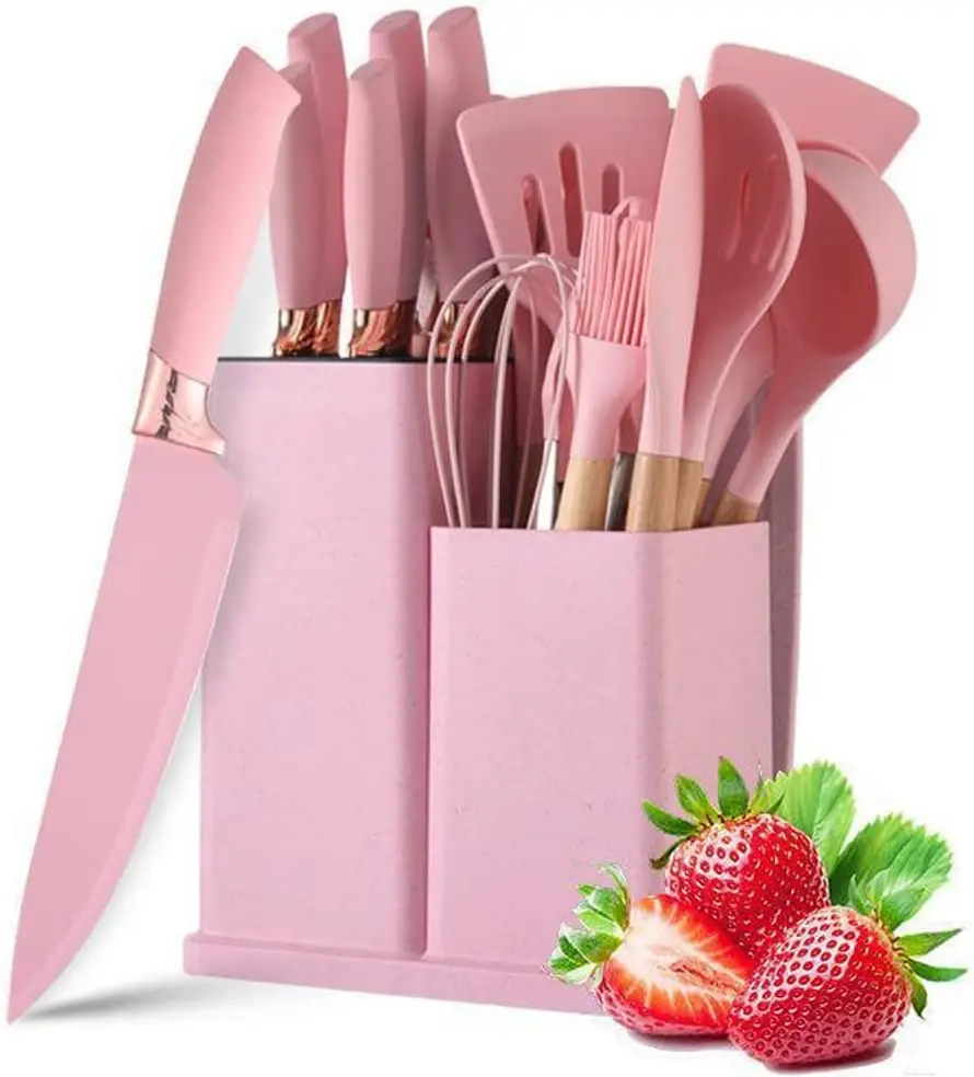 

Hot sale 19pcs pink silicone utensil kitchen knife with cutting board kitchen gadgets set