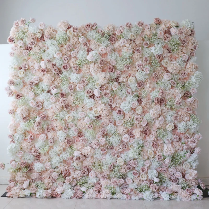 E 8ft X 8ft Roll up Dusty Pink Rose Flower Wall Background Panel Artificial Silk Summer Flower Wall Mat for Wedding Event Decor