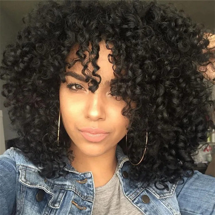 

Vigorous Afro Kinky Curly Wigs with Bangs Short Fiber Black Curly Heat Resistant Synthetic hair Wigs for Black Women