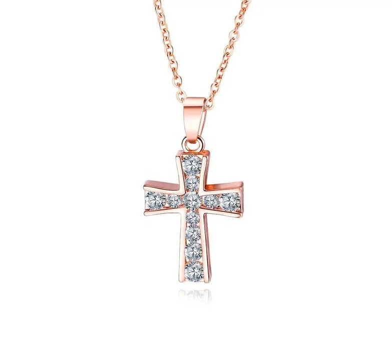 

2020 Wholesale Fancy Brass Jewelry Cubic Zirconia Rose Gold Plating Link Chain Dangling Cross Necklace Women Gorgeous Gift