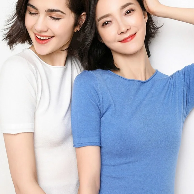 

2020 New Plus Size Women's Tee Top Knitted Summer Wool T-shirt Fashion Vintage Crimping Short Sleeve O-Neck Women's T-shirts, Solid color as shown