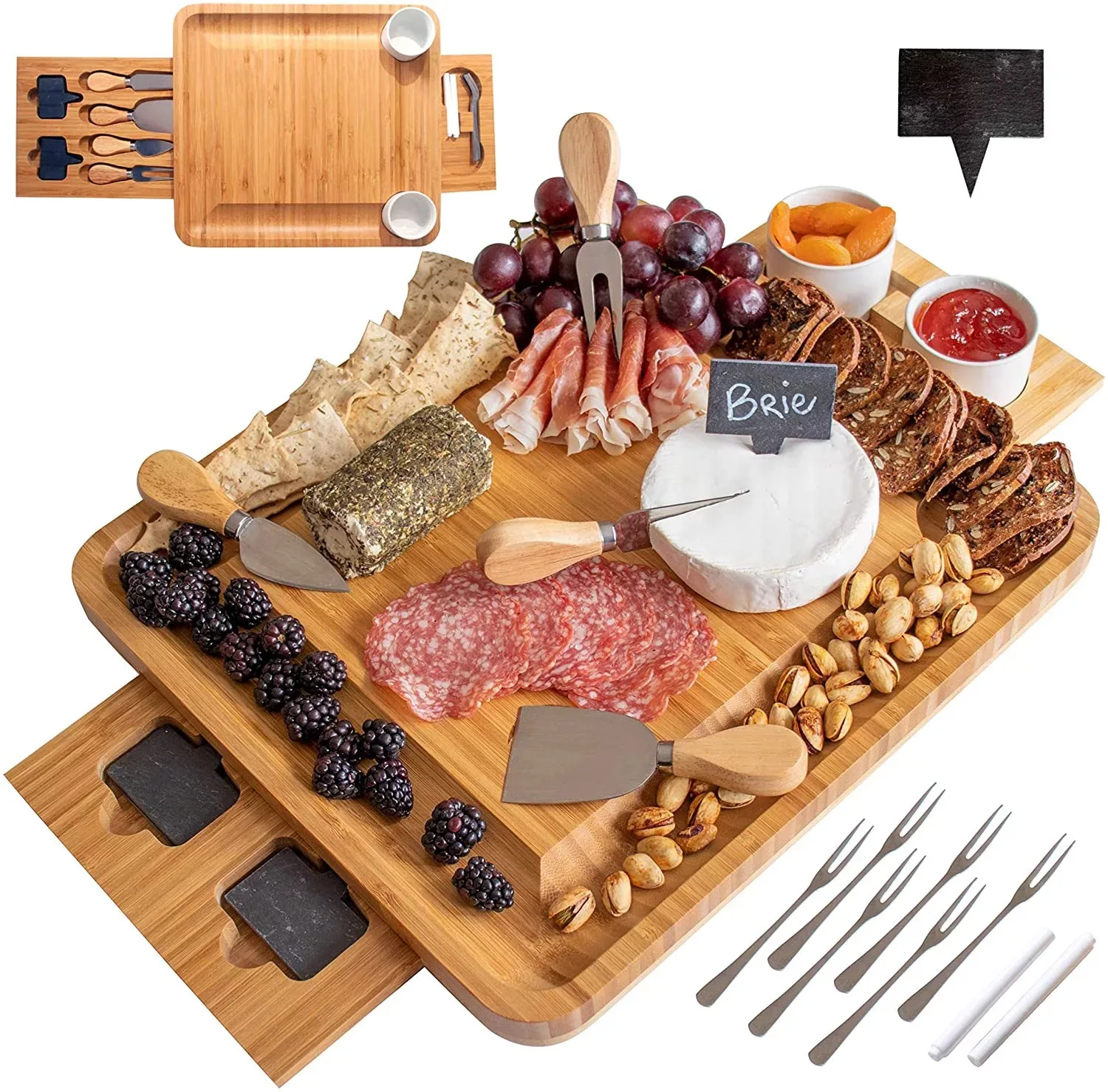 

Natural Wood Charcuterie Bamboo Cheese Board With Knife Set, Cutlery and Accessories