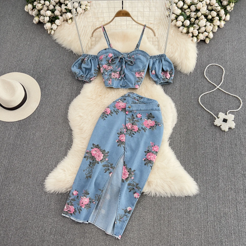 

Denim Fashion Suit Women Spicy Girls chic halter top two-piece high waist irregular split skirt summer S M L