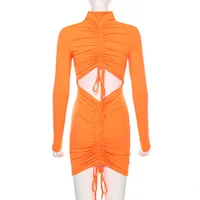 

women Fluorescent Orange Black dress full sleeve Lace turtleneck fashion hollow out dresses backless female clothes